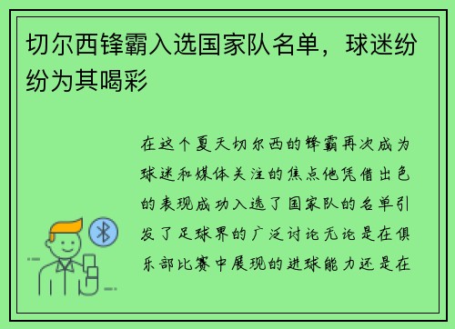切尔西锋霸入选国家队名单，球迷纷纷为其喝彩