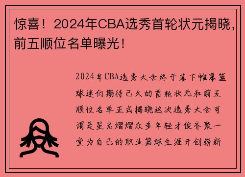 惊喜！2024年CBA选秀首轮状元揭晓，前五顺位名单曝光！