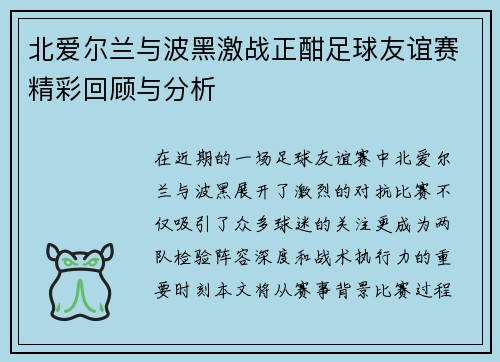 北爱尔兰与波黑激战正酣足球友谊赛精彩回顾与分析