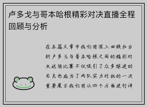 卢多戈与哥本哈根精彩对决直播全程回顾与分析